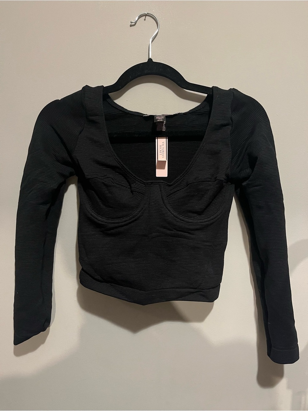Victoria's Secret Black Ribbed Long-Sleeve Scoop Crop Top